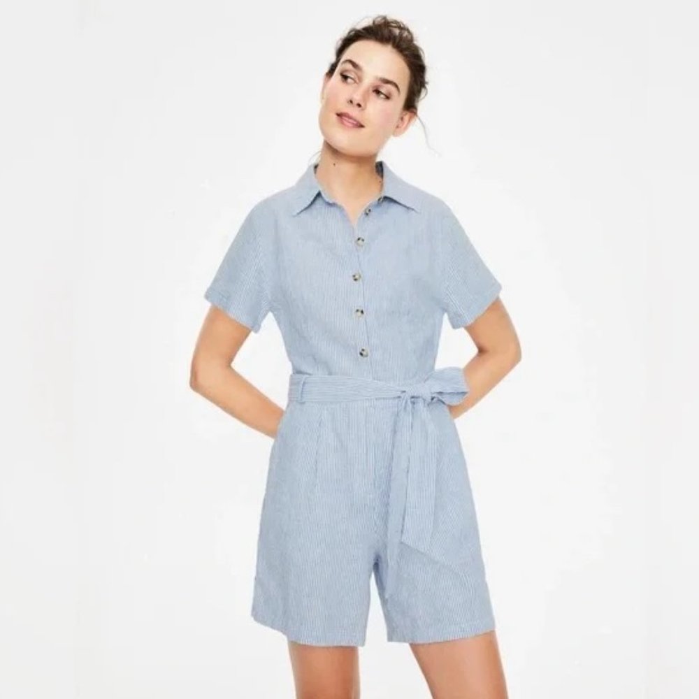 Boden Light Blue Pinstripe Short-Sleeve Romper